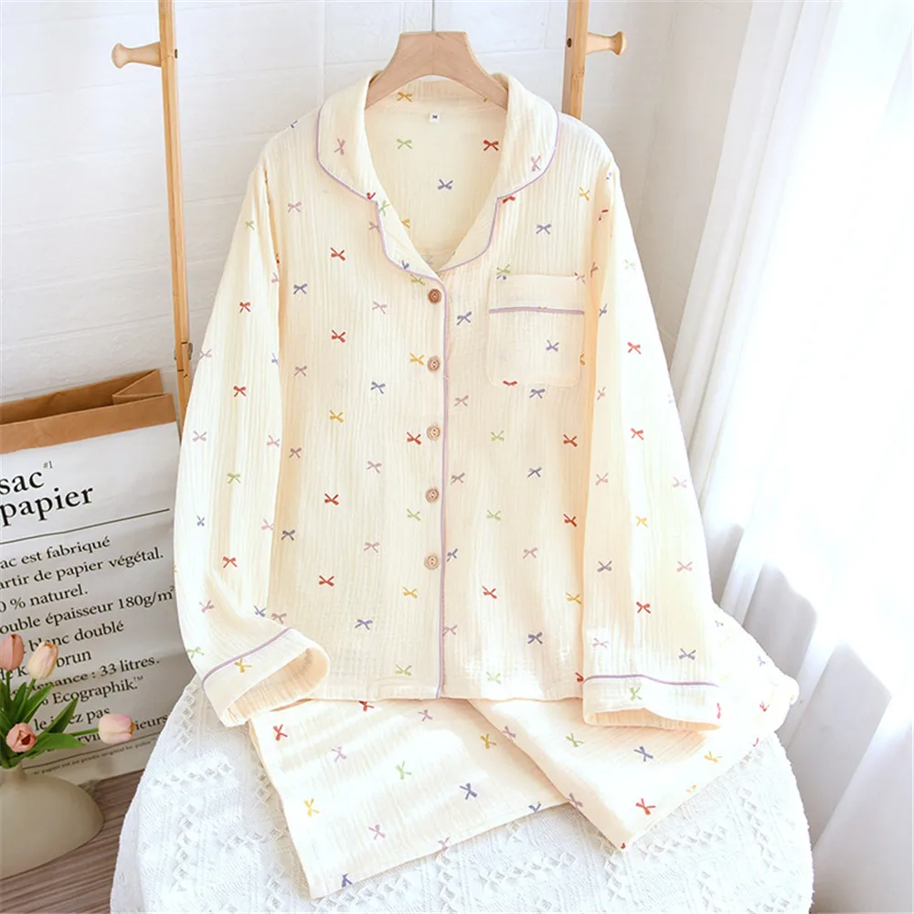 

Хлопковый женский пижамный комплект с бантом на весну и осень, домашняя одежда в стиле ретро, рубашка с длинными рукавами, брюки, пижамы