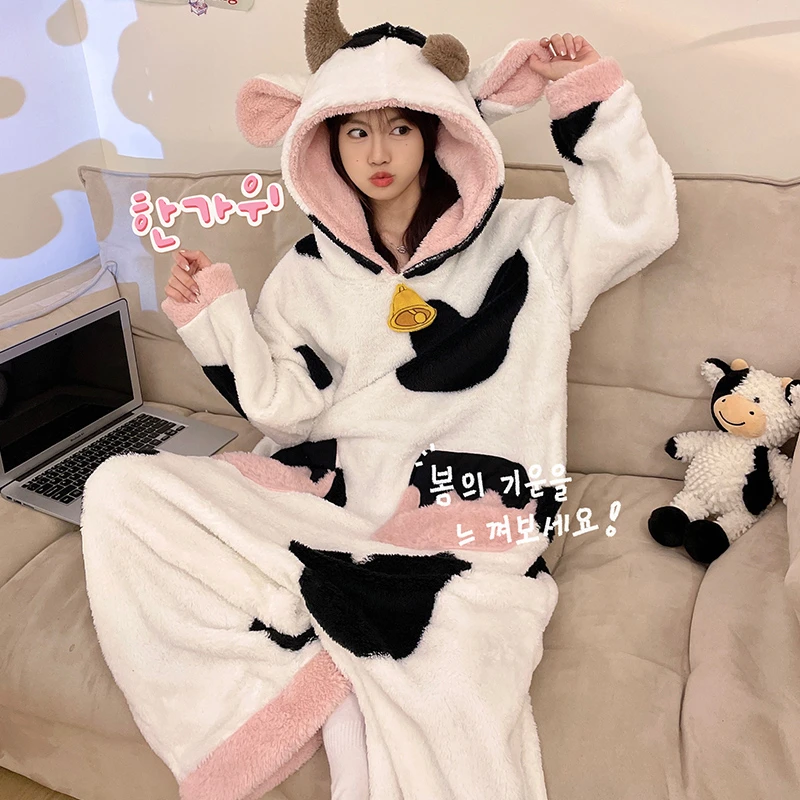 Kigurumis Cow Pajamas Women Onesie Adult Female Winter Sleepwear Zipper Hooded  Jumpsuits Thick Soft Warm Fleece Pijama Mujer