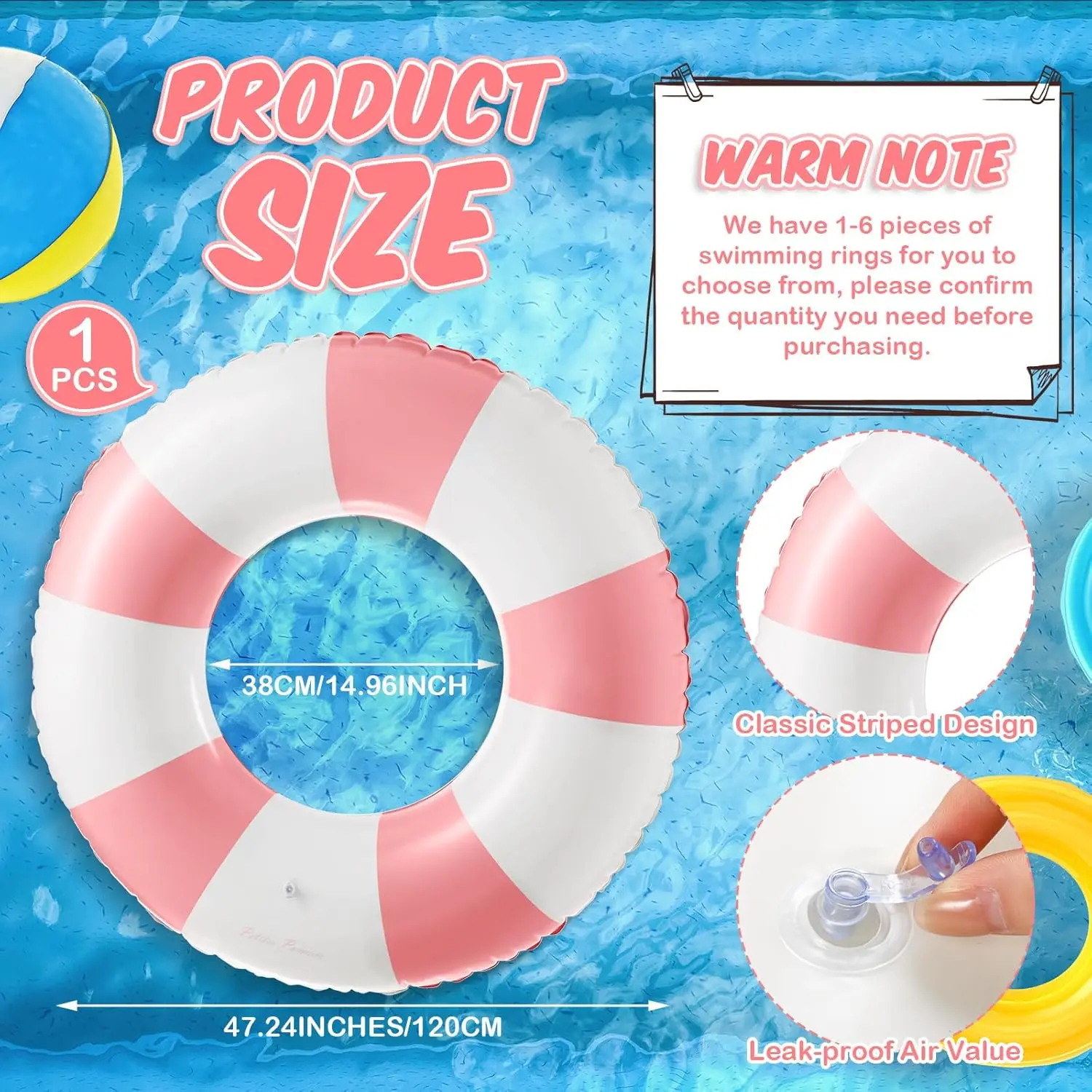 2 Pcs Jumbo Inflatable Pool Float 47.24 Inch Floaties Tubes Classic Striped Pool Rings for Adult Inflatable Inner Tube for Swimm