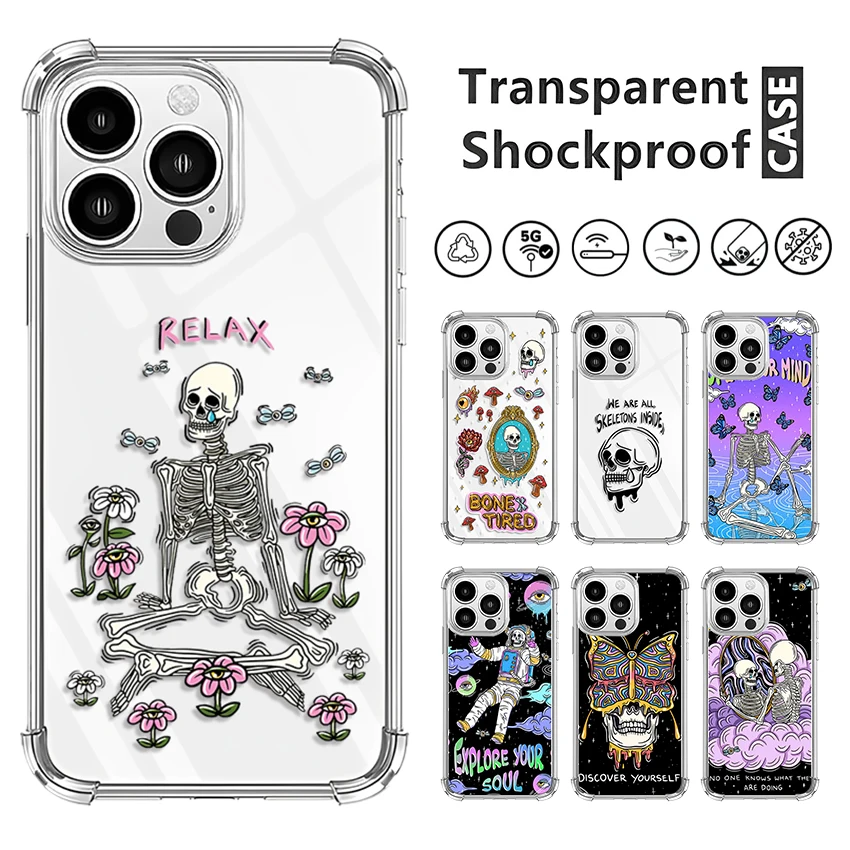 Skeleton Looking Mirror Flower Butterfly Case For iPhone 16 15 14 13 12 11 Pro X XS XR Max 7 8 Plus SE Mini Soft Clear TPU Cover