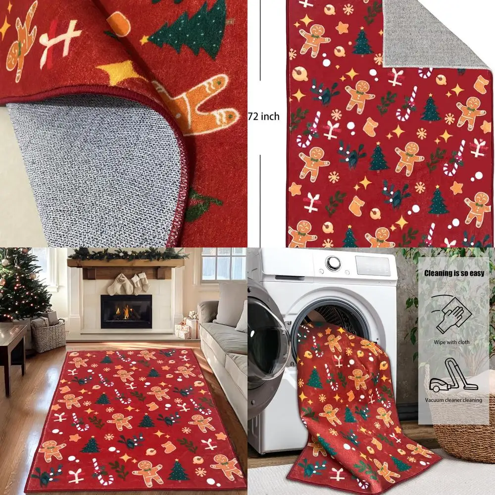 

Machine Washable Gingerbread Rug, 4x6 ft, Non-Slip, High Traffic, Perfect for Xmas, Red, Suitable for Living Room, Dining Area,
