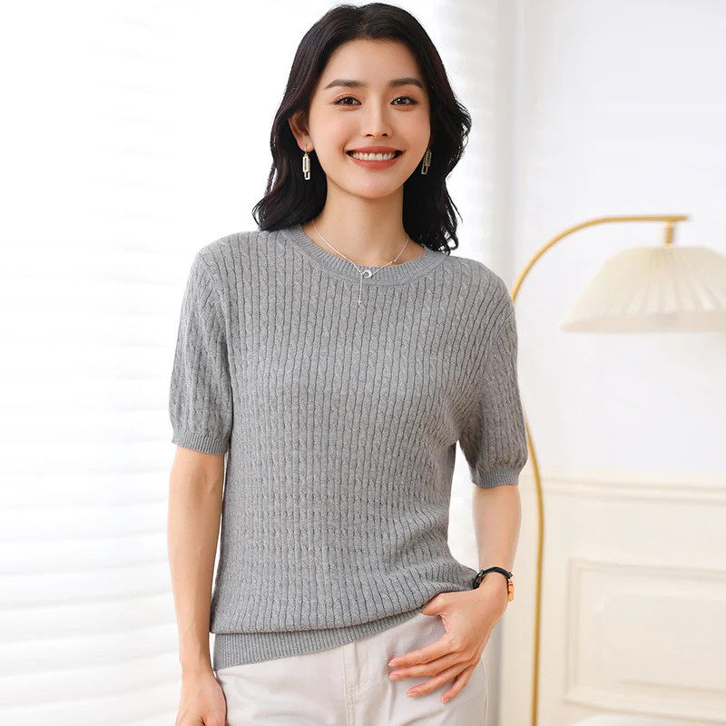 

Women's New 100% Cotton Short-sleeved Tees Sweater Round Collar Twisted Flower Pullover Tees Summer Knitted Bottoming T-shirt