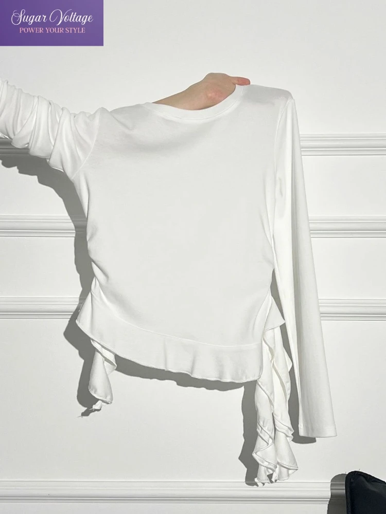 

Осенние корейские модные тонкие топы, женские тонкие футболки с длинными рукавами и нерегулярным круглым вырезом с воланами, повседневные элегантные пуловеры в стиле ретро, блузка