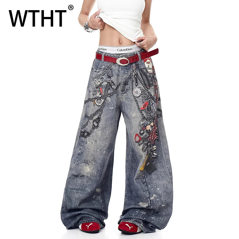 

WTHT Vintage Men's 3D Print Do Old Loose High Street Denim Pants Fashion American Style Straight Jeans Male 2025 Summer 2A1309
