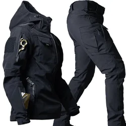 Soft Shell Hunting Suit Men Waterproof Tactical 2 Pcs Set Shark Skin Windproof Hooded Jacket Multi-pockets Cargo Pants Uniforms