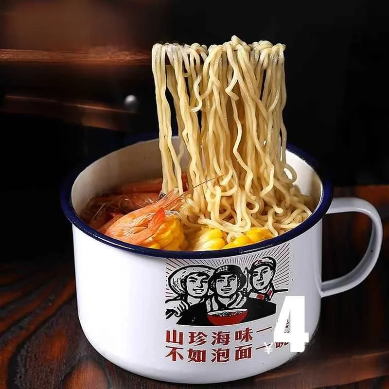 

Thiened Retro Enamel Bowl Spicy Noodles Ultra Large Capaci Home Use with Lid Handle Stainl Steel Bowl Dining Utensils