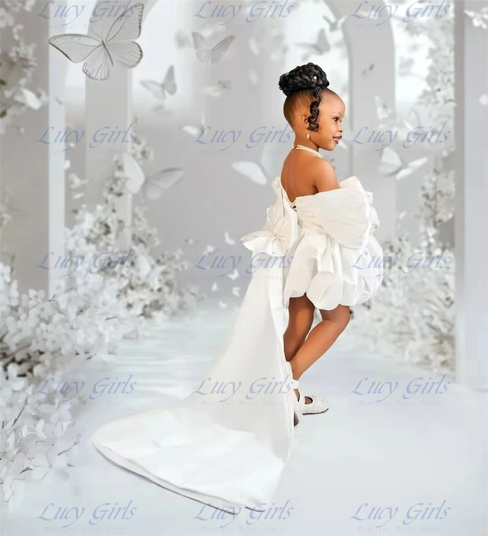 Lovely Quality Ivory Satin Girl Flower Dress Strapless Pearls A Line Cape Birthday Party Dress Celebrity Kid Dress Customized