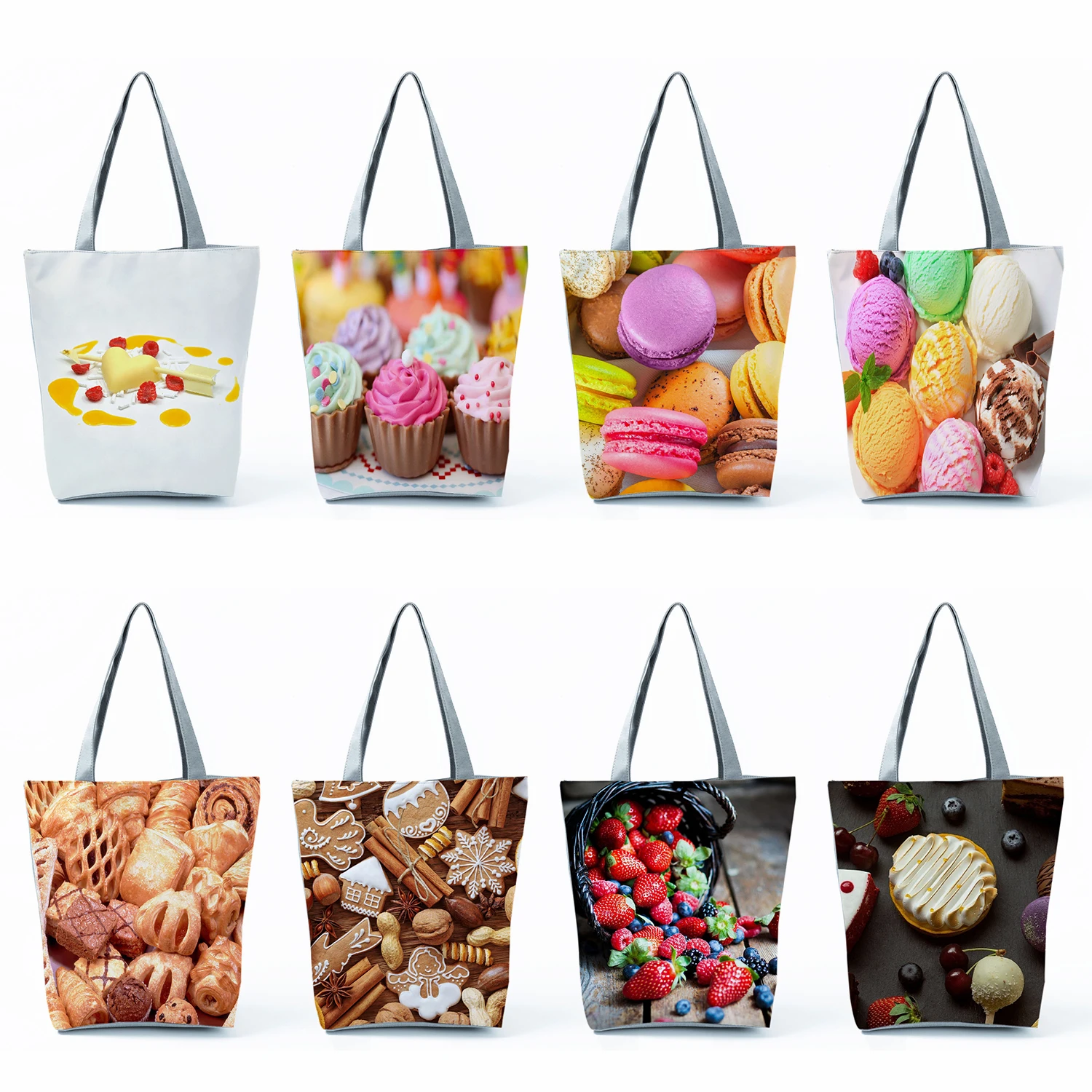 Cartoon Dessert Print Handbags High Capacity Casual Women Tote Bags Kitchen Reusable Shopping Bags Foldable Travel Beach Bags