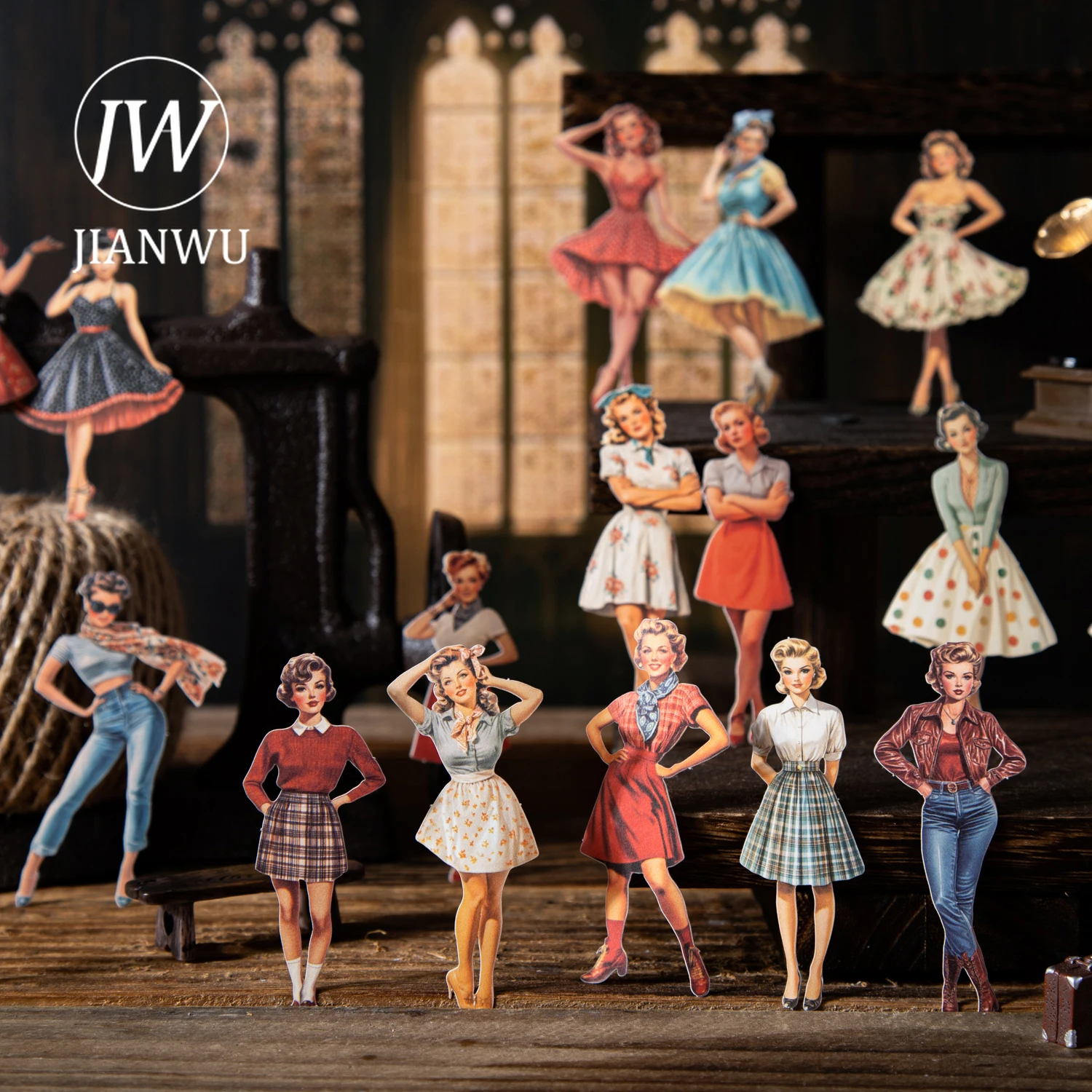 JIANWU Retro Beauty Series Vintage Girl Character Landscape Material Collage Scrapbook Sticker Creative DIY Journal Stationery