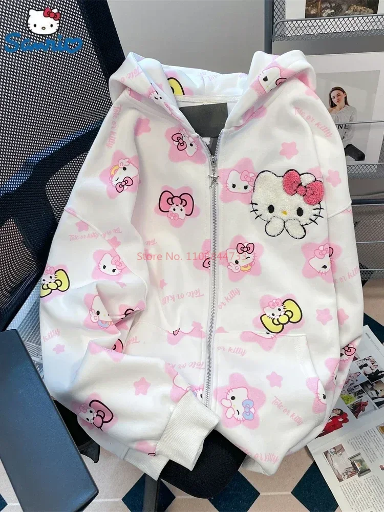 2024 Sanrio Hello Kitty Hooded Cardigan Jacket Kawaii Girl Autumn Vintage Coat Comfortable Cute Cartoon Women Hoodies Gifts