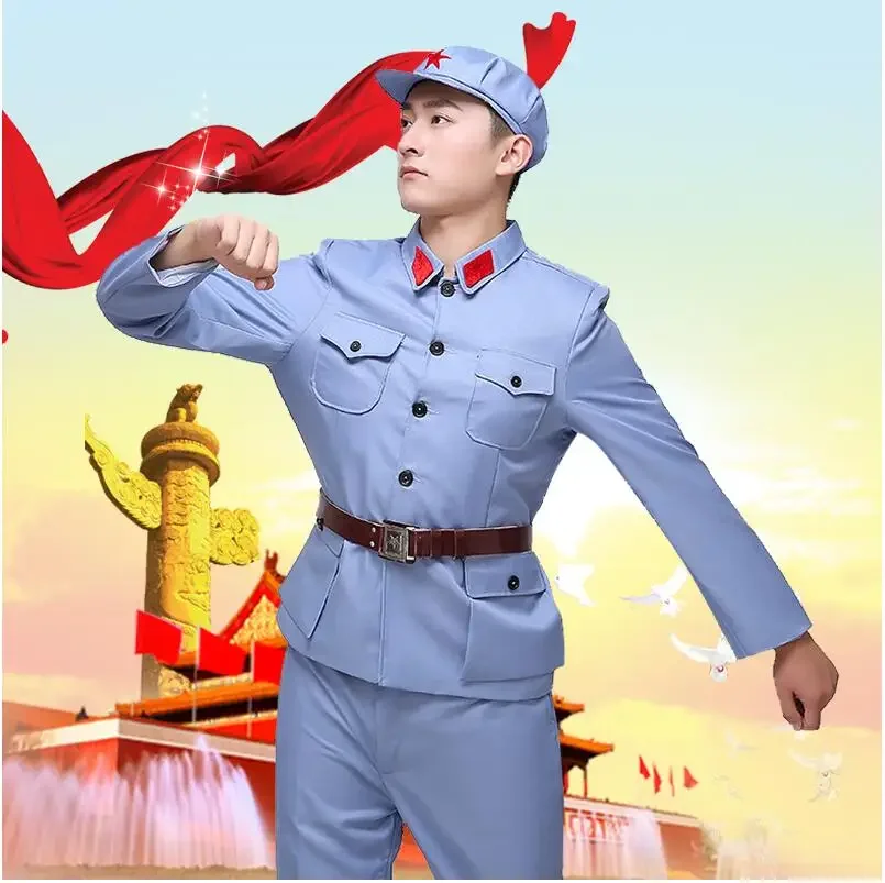 Unissex chinês vermelho exército uniforme de palco adultos chinês vermelho exército roupas cinza militar coro uniforme moderno cosplay em mao anos