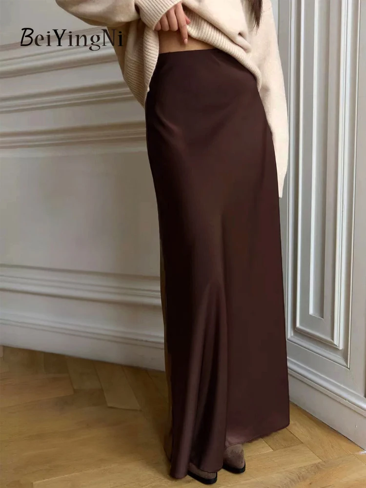 Beiyingni-Jupe Sirène en Satin pour Femme, Longue, Douce, Taille Haute, Élégante, Bureau, Ligne A, Maxi, Printemps Automne 2024