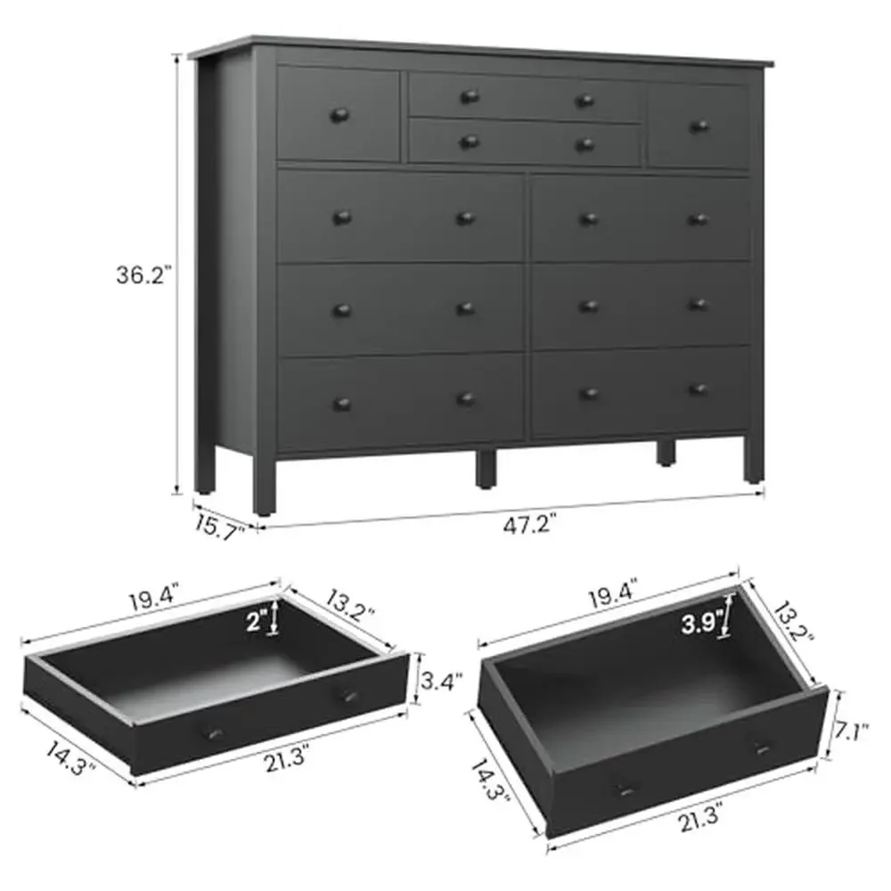 Modern 10-Drawer Black Wooden Dresser 47.2