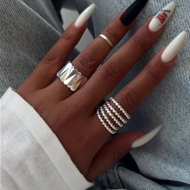 

925 Sterling Silver Geometric Chic Multi Layer Wave Line Hip-hop Opening Ring for Women Fine Jewelry Minimalist Accessories