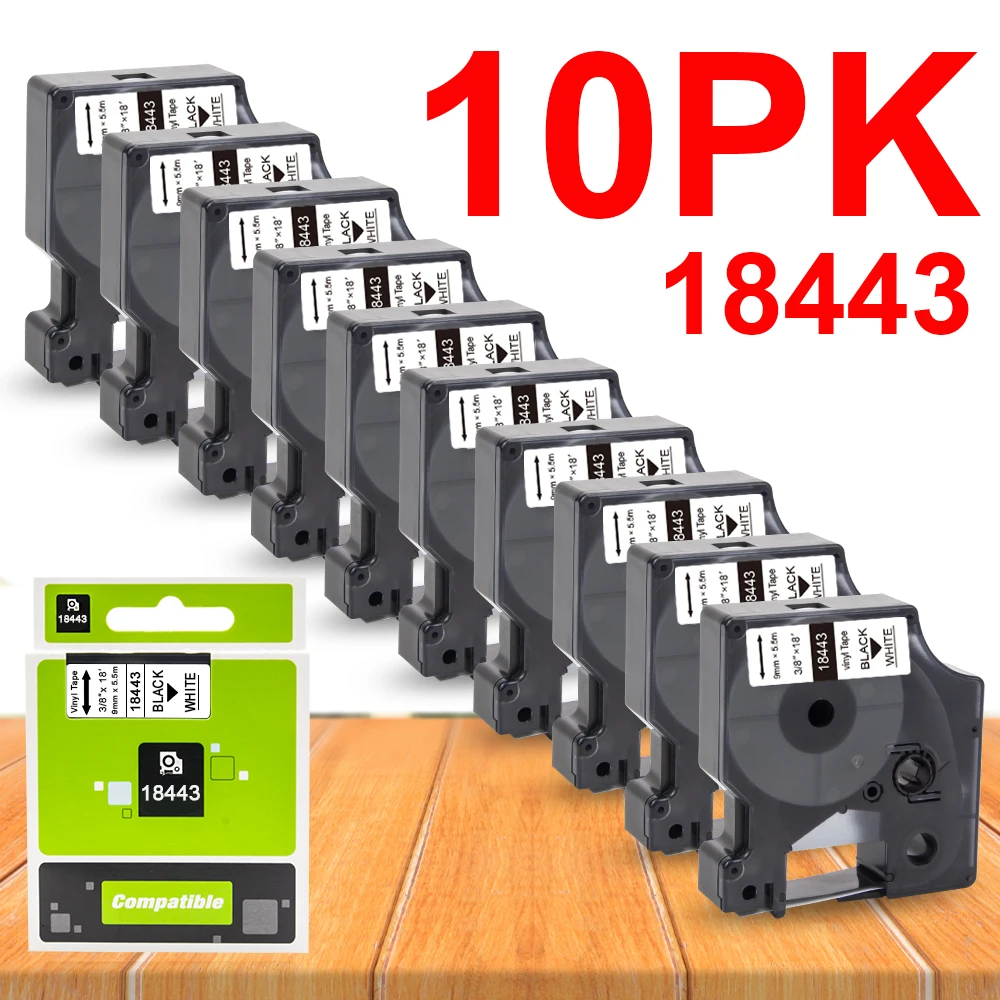 

10Pcs 18443 Labels for Dymo Rhino Vinyl Tape 18443 9mm Black on White Label Tape for Dymo Rhino 4200 5000 5200 6000 Label Maker