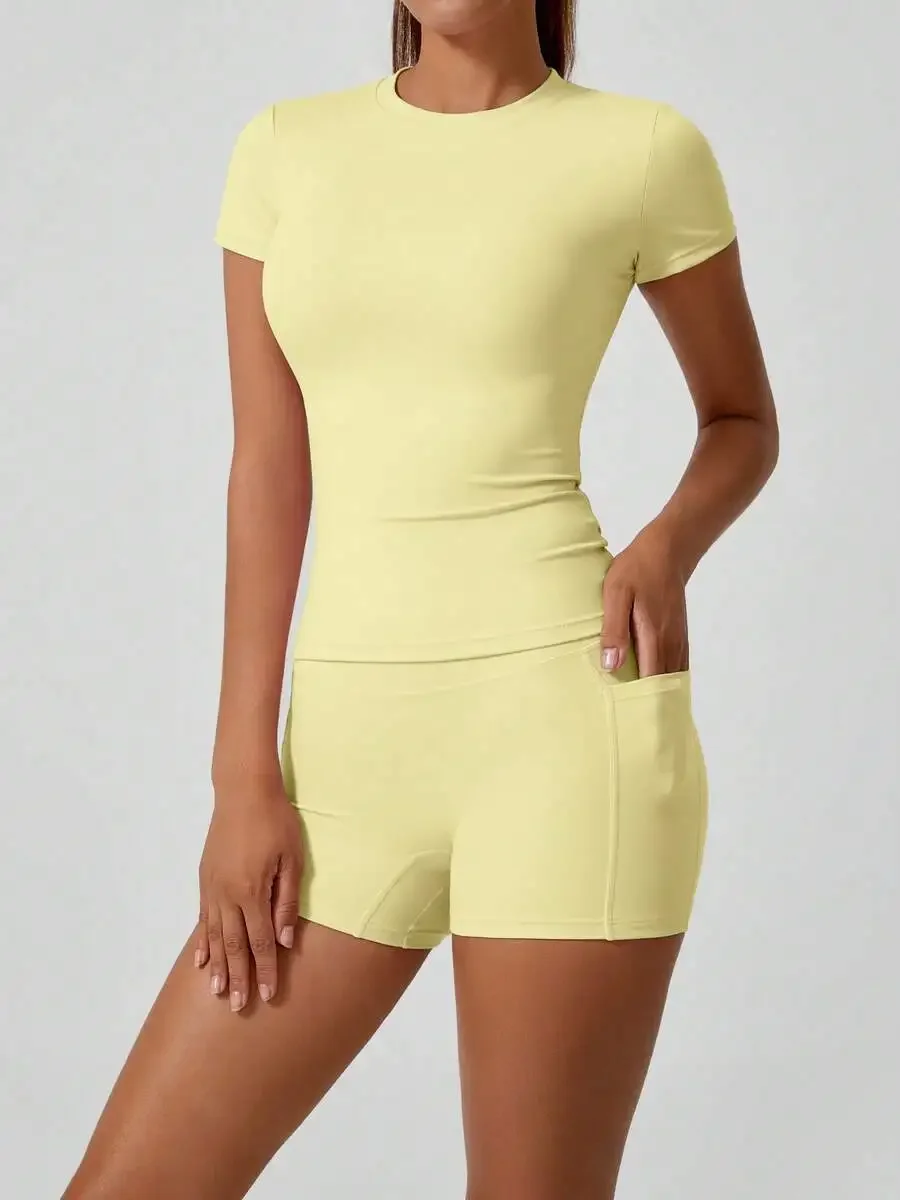 Women's Sweet Sports Short Sleeve High Waist Tummy Control Butt Lifting Shorts Set
