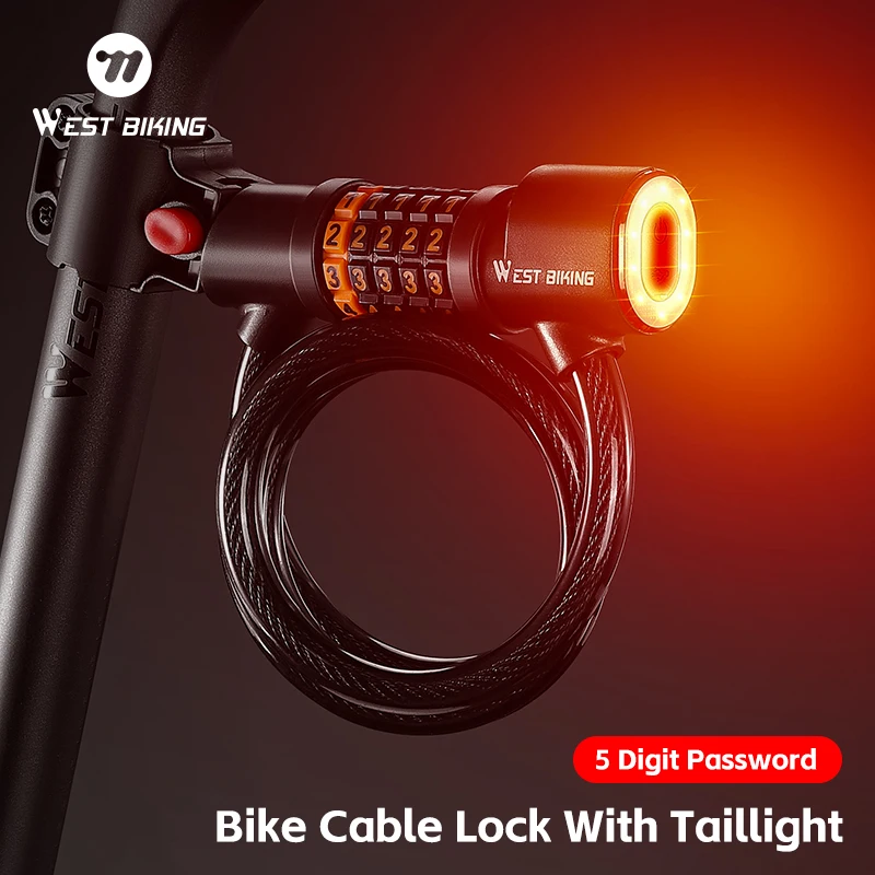 

WEST BIKING Bicycle Cable Lock With Taillight 2 In 1 Bike Padlock 5 Digit Password Motorcycle Scooter MTB Road Bike Lock