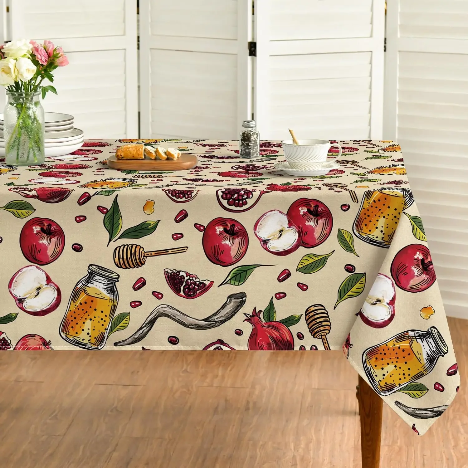Jewish Shana Tova Waterproof Tablecloth Rosh Hashana Apple Pomegranate Honey Food Reusable Tablecover Jewish New Year Decoration