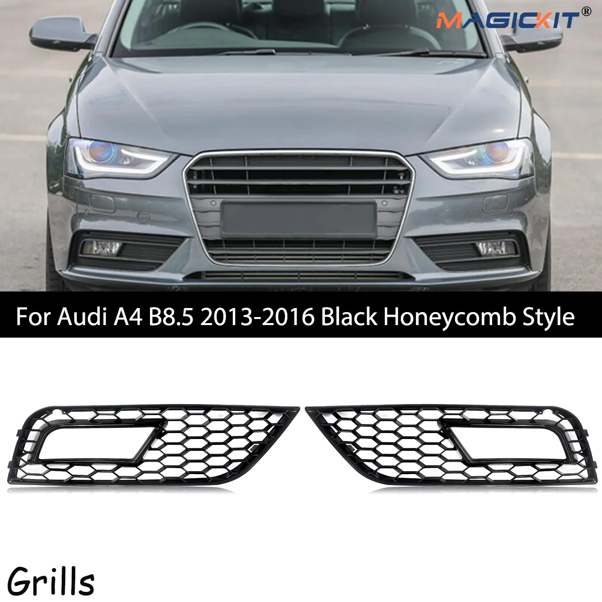 MAGICKIT For Audi A4 B8.5 2013-2016 STANDARD BUMPERS CAR Accessories Fog Light Grille Honeycomb Look Black ABS