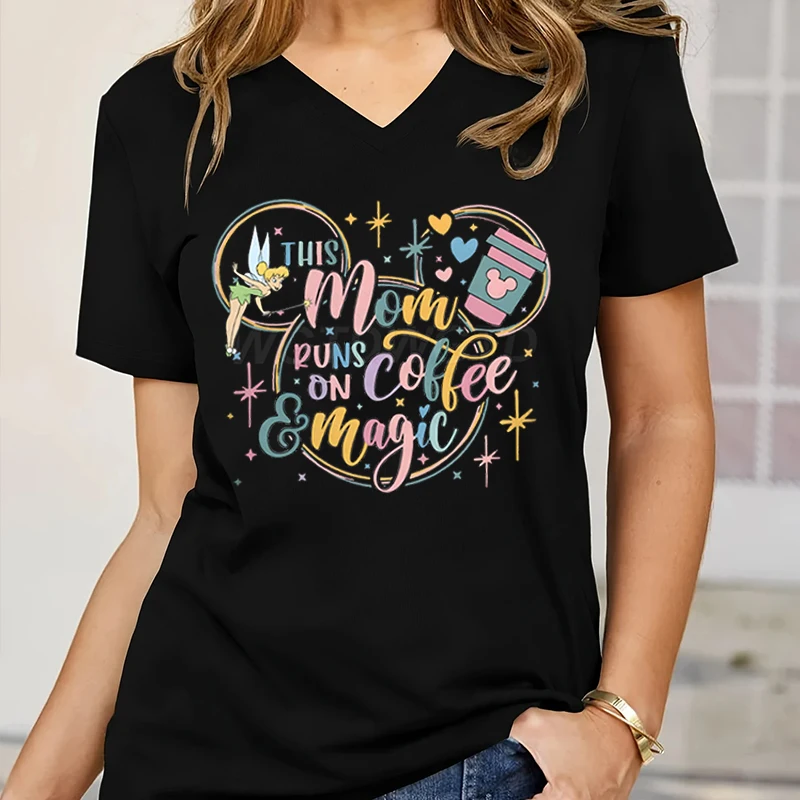 

Coffee Lover Gift T-shirt This Mom Runs on Coffee and Magic Graphic T Shirts Women Mouse Ears Cute Coffee Mom V-neck Casual Tops