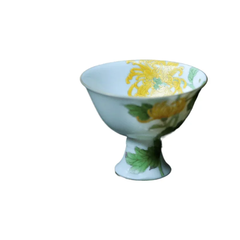 Meticulous hand-painted chrysanthemum, jade mud high-footed wine glass, teacup