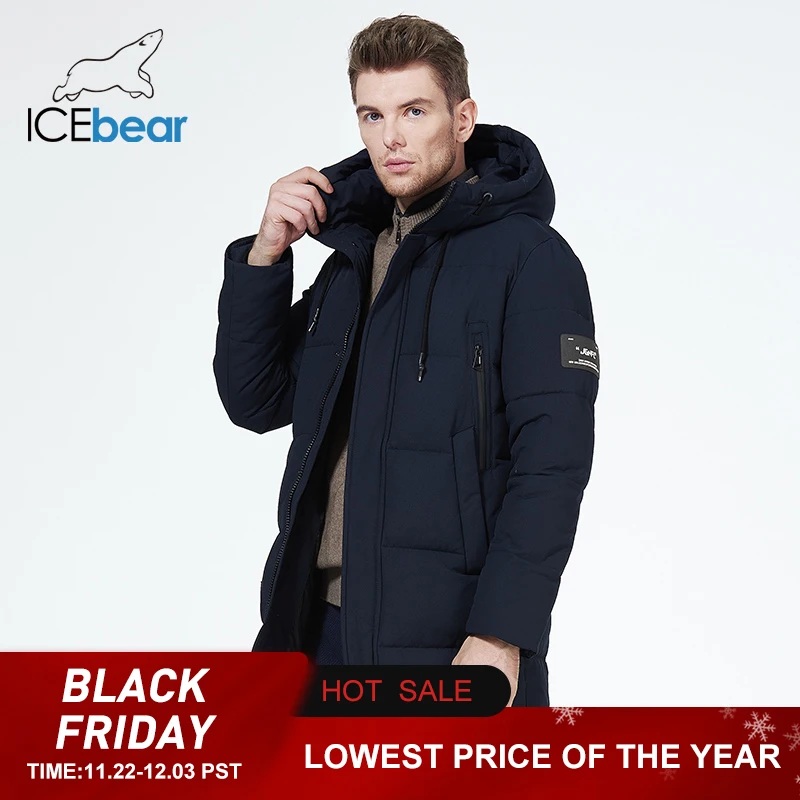 ICEbear 2023 winter  men's clothing thicken warm men's jacket hooded men's mid-length  coat fashionable cotton jacket MWD3061D