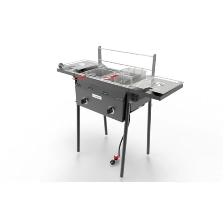 

GasOne B-5850A Outdoor Propane Deep Fryer with Double Burners 16 Qt Removable Baskets and Lids Oil Fryer Cart Featuring Thermom
