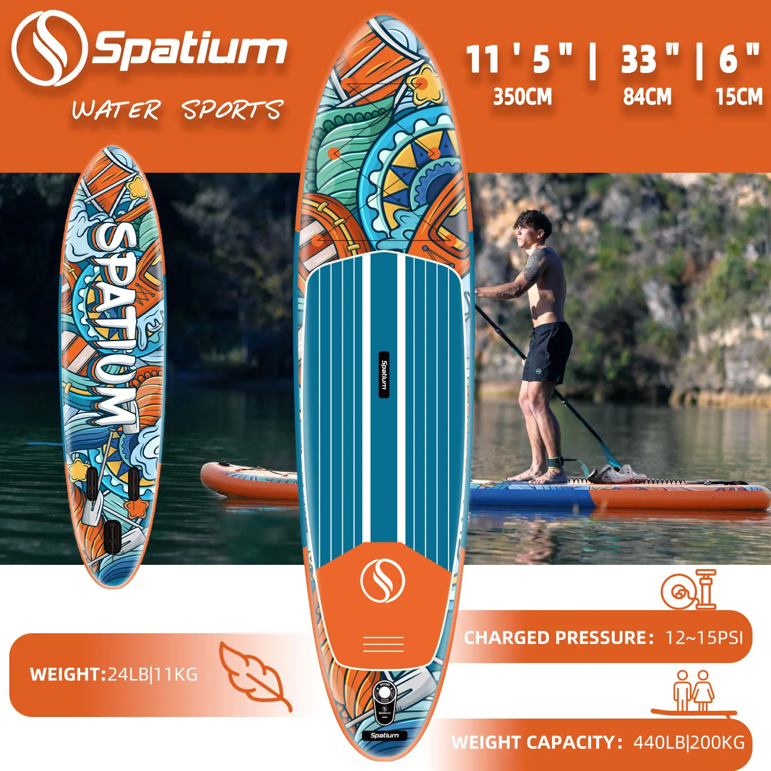 Extra Wide Inflatable Paddle Board, Stand Up Paddle Board, Sup Board with Safety Handles, 3 Removable Fins, Backpack, Hand Pump