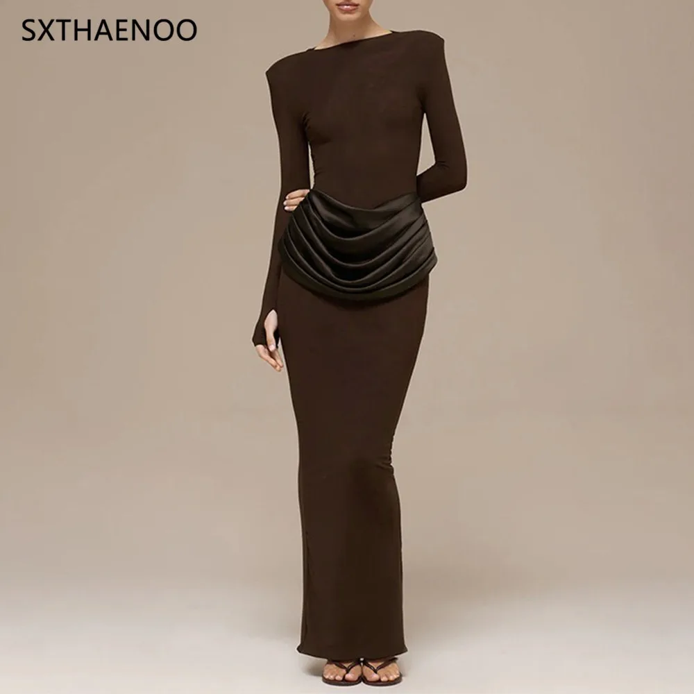 

Элегантное модное платье-карандаш SXTHAENOO для женщин, с круглым вырезом, длинными рукавами, завышенной талией, плиссированное, облегающее, макси, женское, 2026