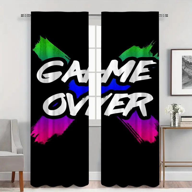 2pcs GAME OVER Gamer Curtains with Rod Pocket, Black with Neon Graffiti Text Sheer , Bold Statement for Gaming Room Decor