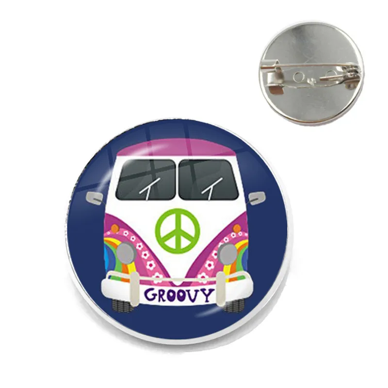 New Design Peace Sign Van Bus Brooch Pin Fashion Silver Color Glass Cabochon Hippie Car Badge Brooches Collar Pins For Women