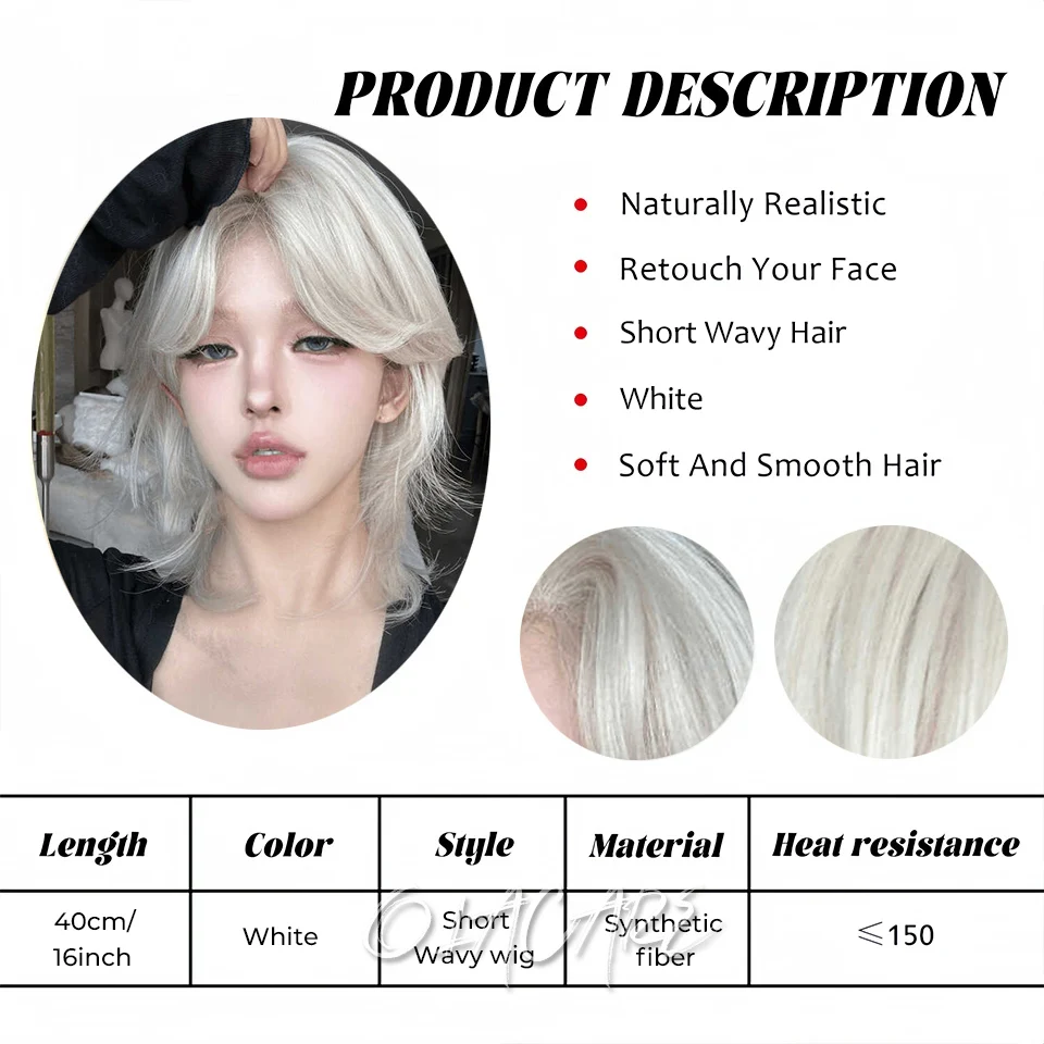 OLACARE Short Mullet Head Wigs with Bangs Synthetic Straight Anime For Women Black Gray White Hair Wig for Daily Party Cosplay