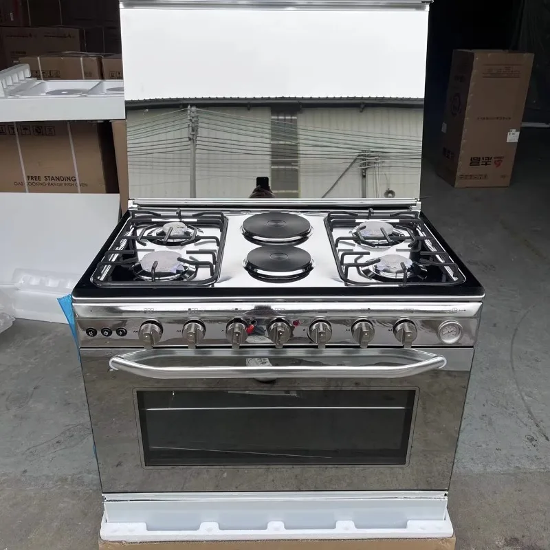 Liquefied gas oven, independent gas stove, 4 gas burners, 2 electric 90cm stainless steel, high quality and high efficiency