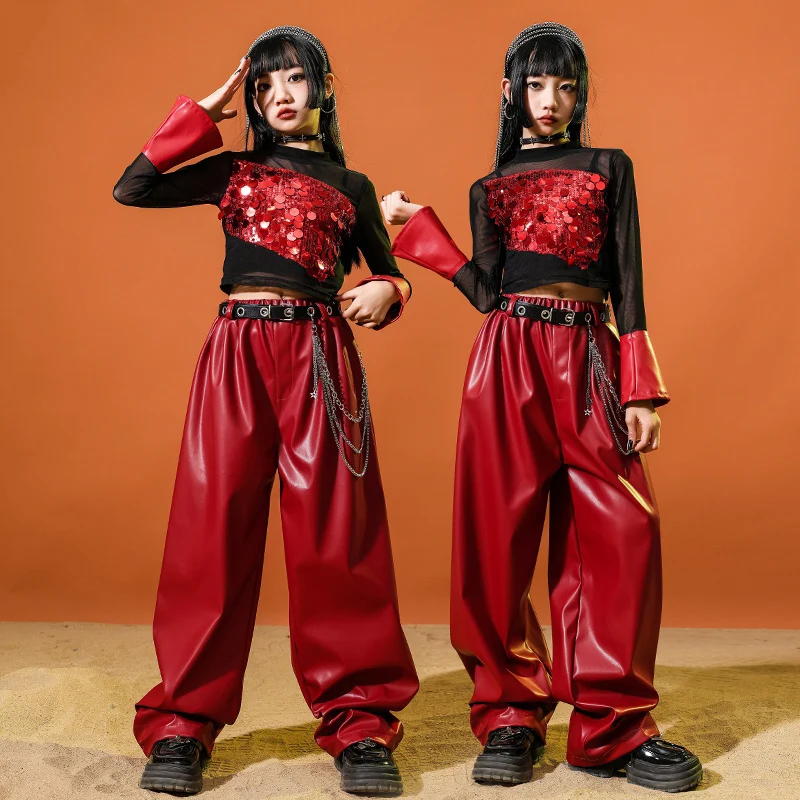 

Red Sequin Jazz Dance Clothes Fashion Girls Hip Hop Costume Cropped Suit Kpop Performance Outfit Catwalk Stage Clothing BL14430