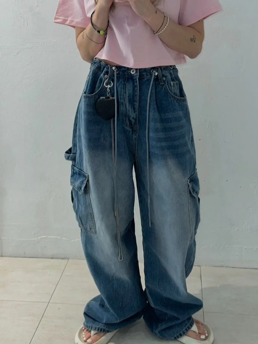 

Waed High Waist Wide Leg Cargo Denim Jeans Side ket Workwear Sle Chic Vintage Early Autumn Faion Ladies Trousers