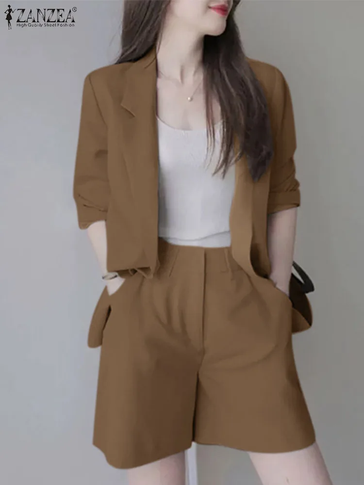 ZANZEA Women Casual Commute 2pcs Blazer Suits 3/4 Sleeve Blazer Coat and Elastic Waist Shorts 2 Piece Short Sets Korean Fashion