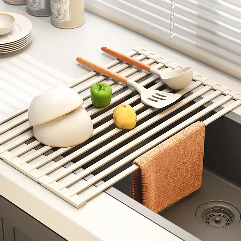 304 Stainless Steel Kitchen Drain Rack, Foldable Sink, Drain Basket, Sink Storage Rack, Roller Shutter, Silicone Drain Pad view 2