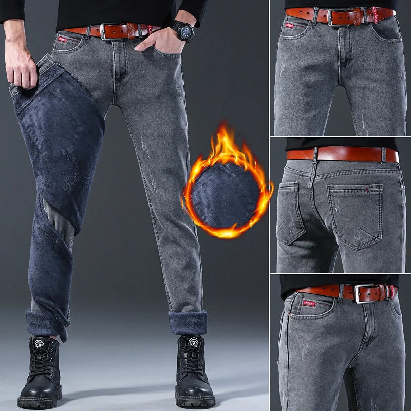 Winter New Men\'s Plush Warm Denim Pants Slim Straight Gentleman Slacks Fashion European American Style Stretch Men Luxury Jeans