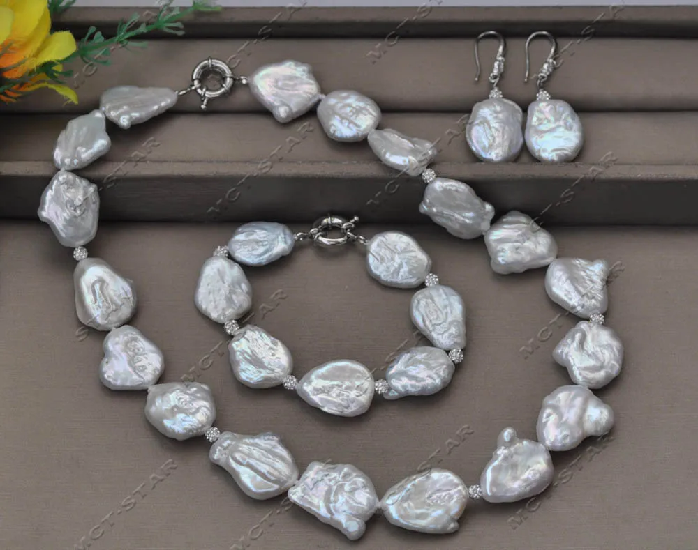 Z13621 Set 18" 25mm White Baroque Keshi Pearl CZ Necklace Bracelet Earring Custom Jewelry view 2