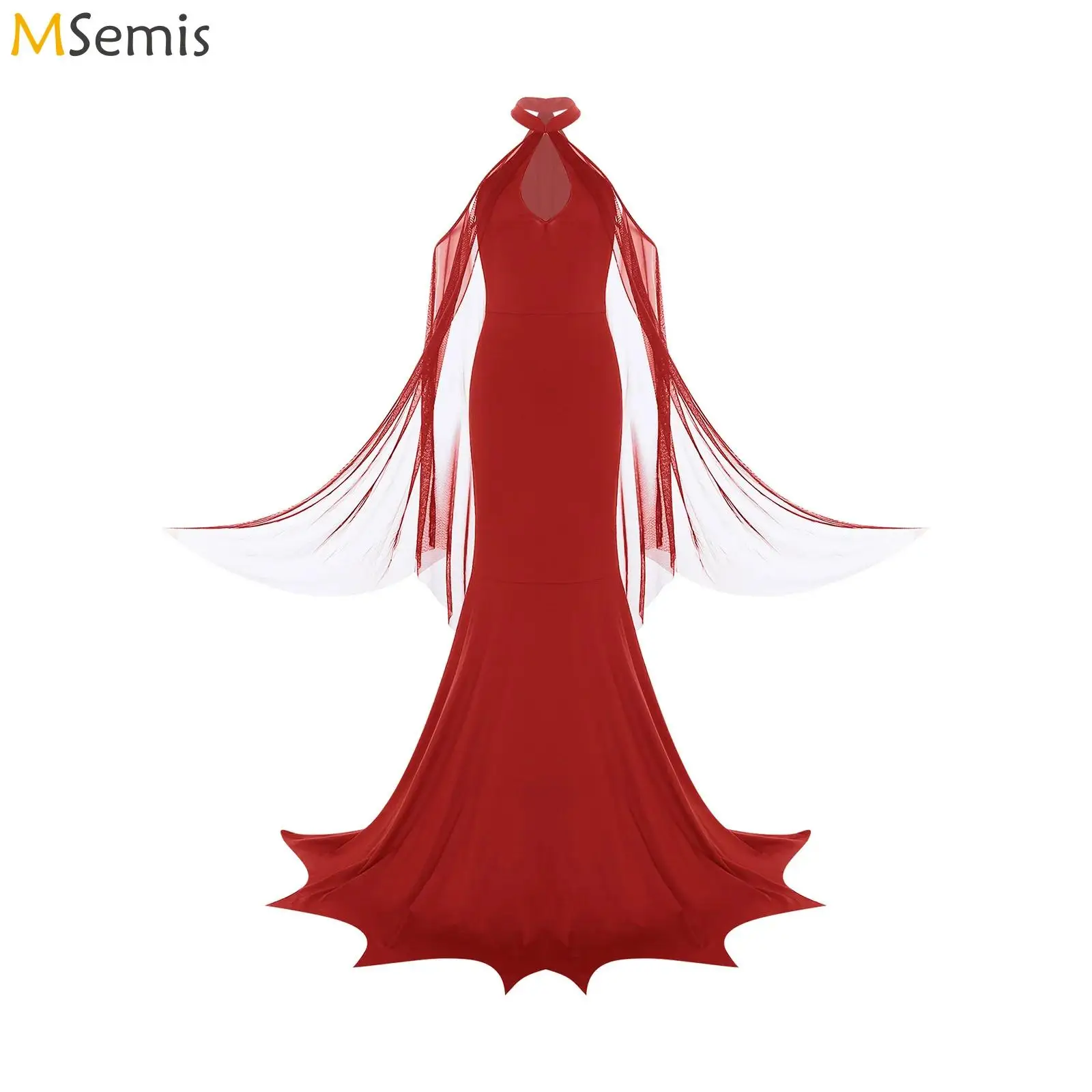 

Womens Vampire Witch Long Dress Halter Keyhole Hollow-out Mesh Gothic Mermaid Cosplay Maxi Dress Halloween Dress Up Outfits