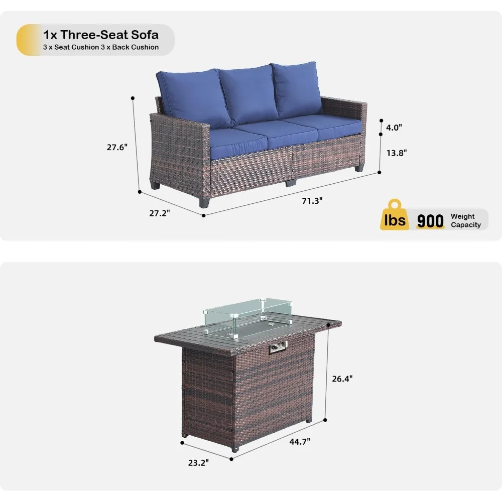 Outdoor Patio Sofa, 2-Piece Wicker Furniture Set with 3-Seater Sofa and Fire Pit Table, Patio Furniture with Anti-Slip Cushions