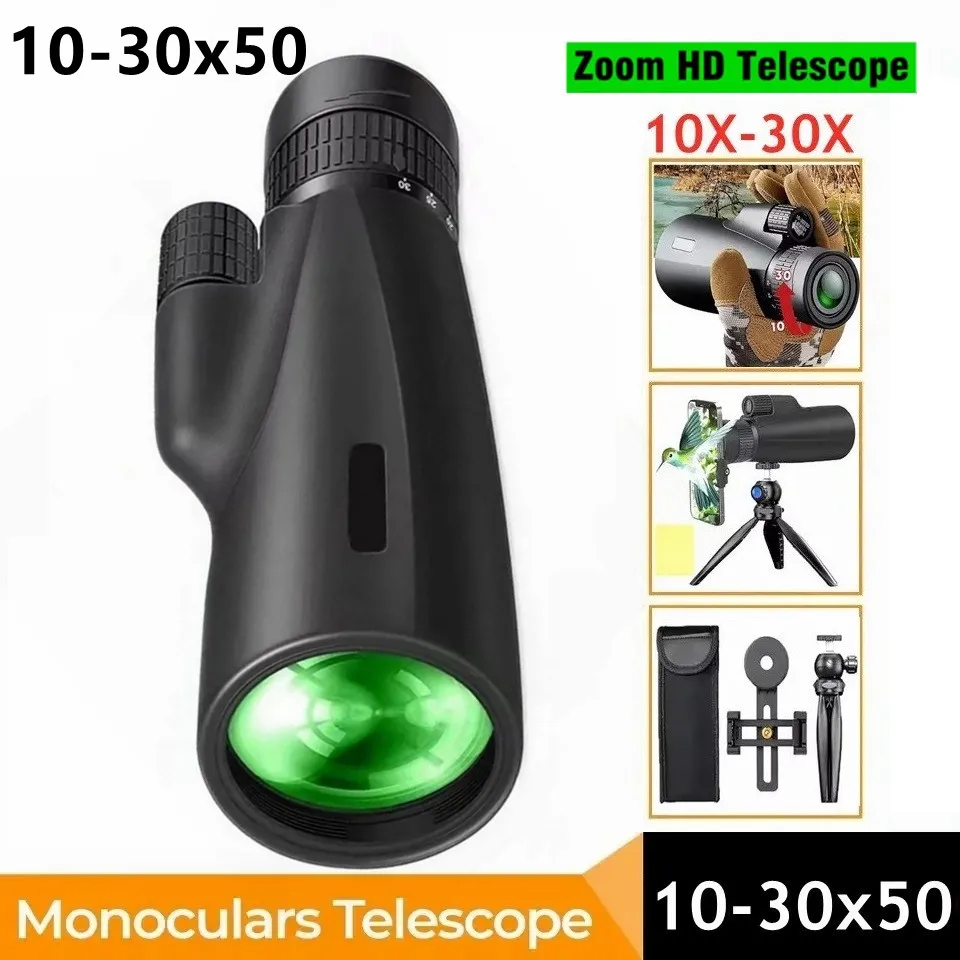 

10-30x50 Zoom Monocular Telescope Waterproof HD BAK4 Monocular for Birdwatching Hunting Travel with Phone Holder Tripod