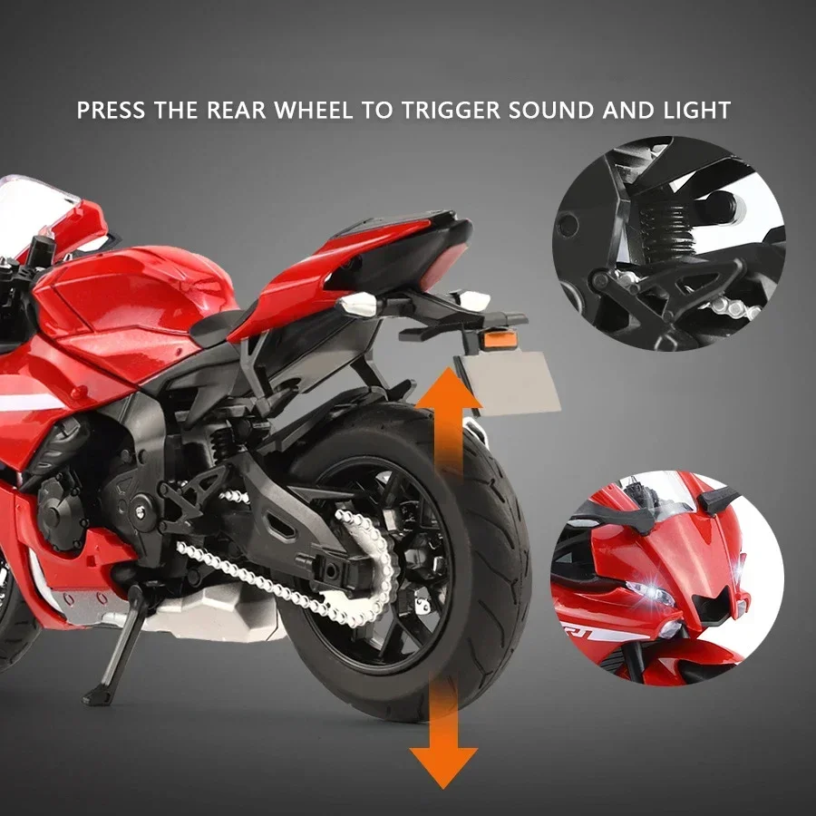 1:12 Yamaha YZF-R1 합금 다이캐스트 오토바이 모델 차량 컬렉션, 소리 및 조명, 오프로드 오토사이클 어린이 장난감 자동차 선물