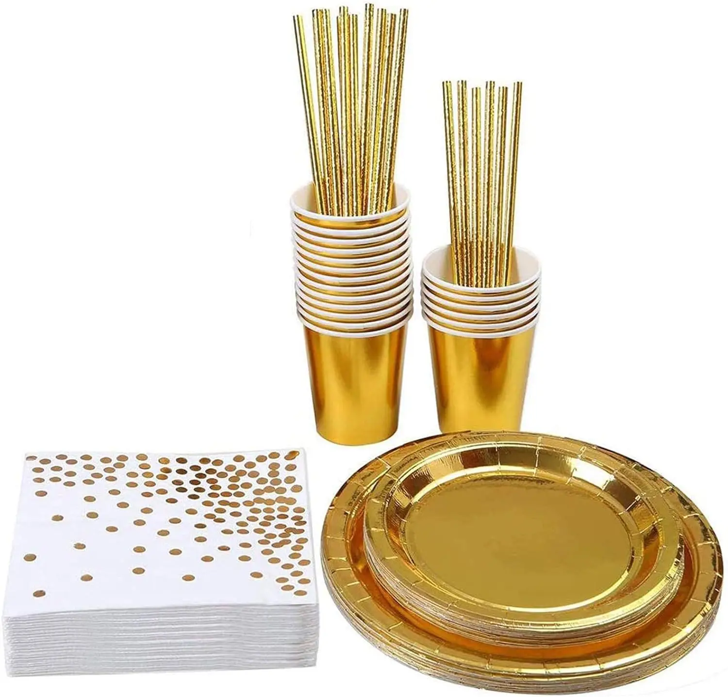 

75Piece Party Tableware Gold Set Disposable Paper Tableware Set Golden Gold-Plated Paper Cups Plates Napkins and Straws for Part