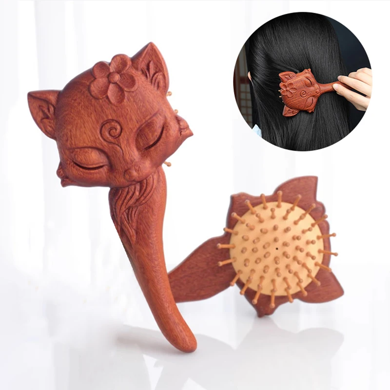 

Fox Cat Shape Sandalwood Scalp Massage Comb Meridian Comb Toothed Head Hair Comb Body Beautify Massage Guasha Scraping Care Comb