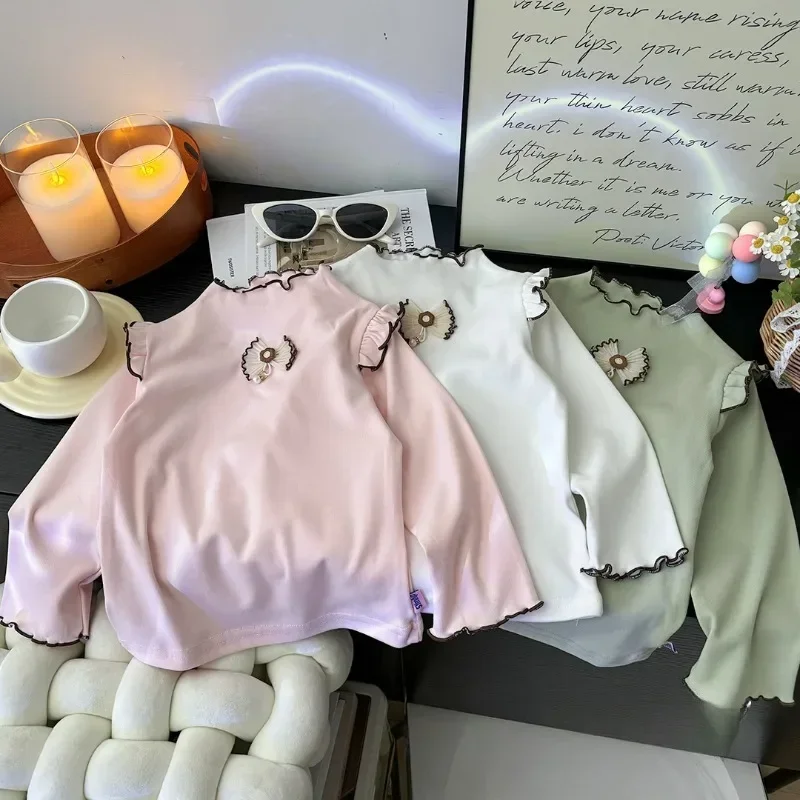 

Baby Girl Long Sleeve T-Shirt with Ruffle Edges for Kids Soft and Warm Children Casual Clothes Tops Autumn Winter