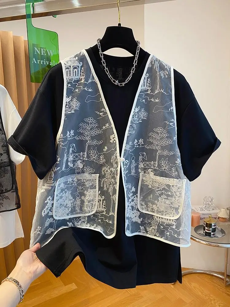 2024 New Fashion Fake Two Piece T Shirt Women Chic Design T-shirt Loose Casual Stitching Vest Short Sleeve T-shirt