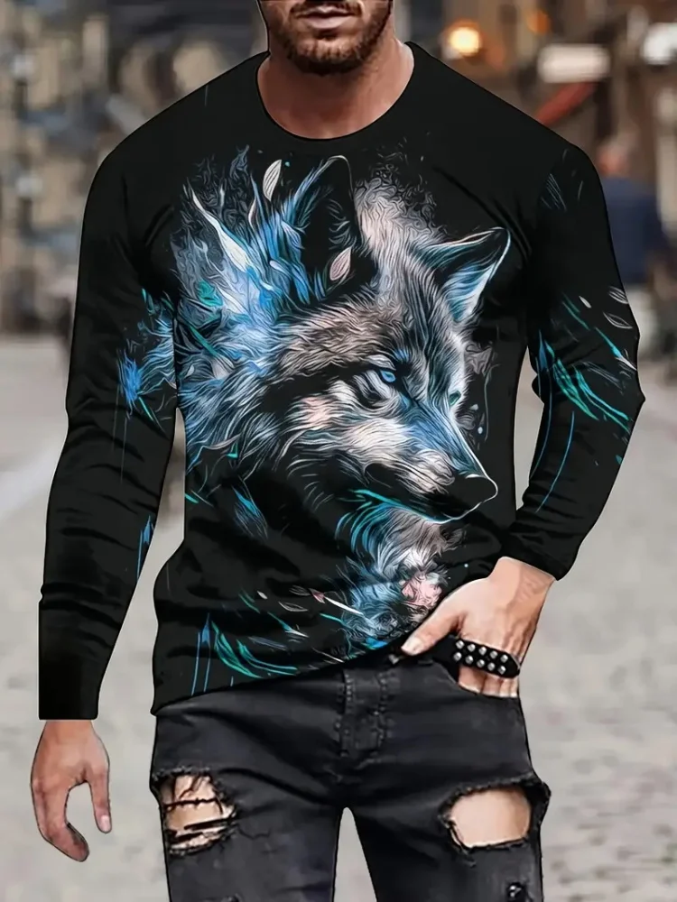 Street Trend Men's Casual Pullover Top Wolf King 3D Printed Men's Loose Long Sleeve T-shirt Simple Casual Men's Long Sleeve