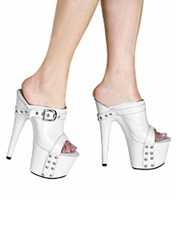 17CM Women\'s High Heeled Shoes Thick Platform Gothic Shallow Slippers Rivet Big Size Nightclub 7 Inches White Party Buckle Strap