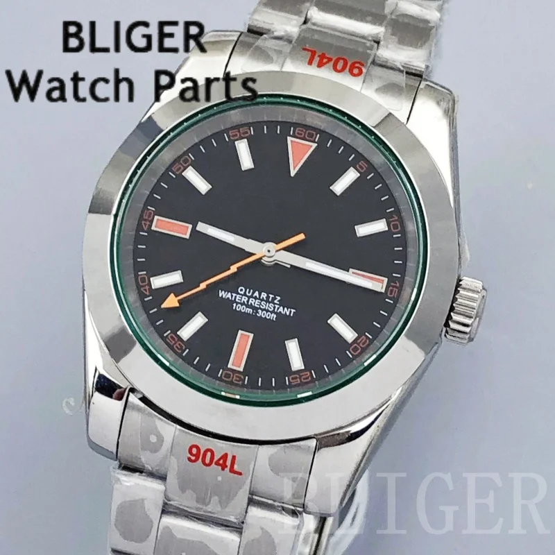 BLIGER 36 มม./39 มม.RONDA 515 นาฬิกาควอตซ์สำหรับผู้ชายกระจกสีเขียวสีส้มสายฟ้ามือสองเหล็กกันน้ำผู้ชายนาฬิกาแฟชั่น